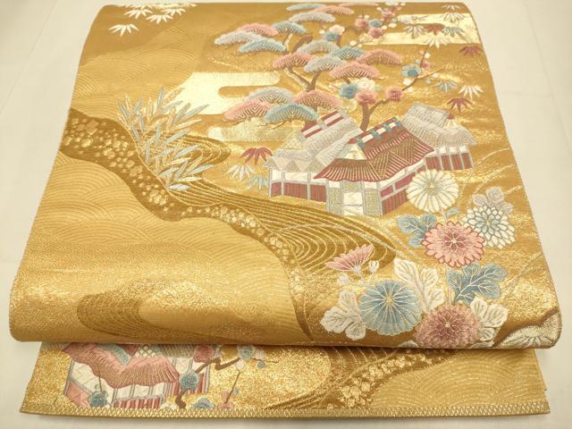 平和屋本店▼六通柄袋帯 風景花文 九百錦 純金箔 正絹 逸品 DABJ3997du