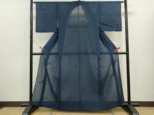 平和屋着物*夏物 色無地 枝葉紋紗 濃藍色 正絹 逸品 CABK6750ze