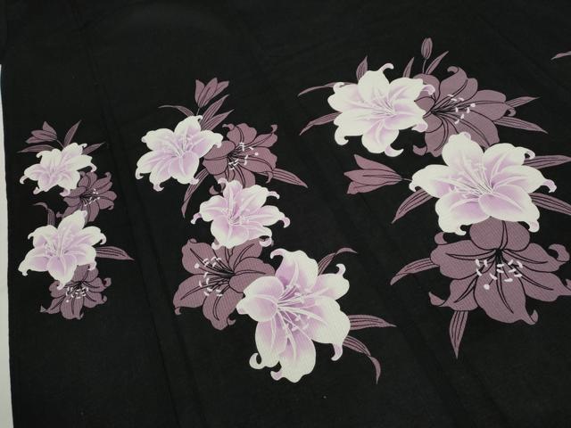 平和屋着物∴夏物 訪問着・浴衣兼用 絵羽浴衣 綿紅梅 百合 黒地 綿 逸品 CABK6799ze