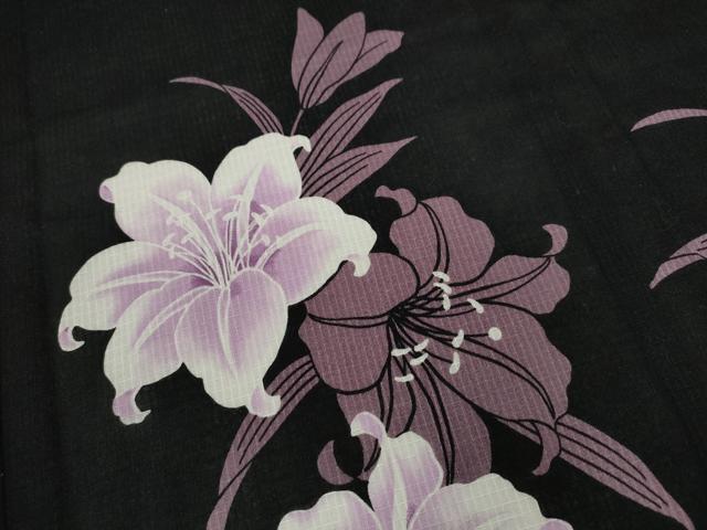 平和屋着物∴夏物 訪問着・浴衣兼用 絵羽浴衣 綿紅梅 百合 黒地 綿 逸品 CABK6799ze