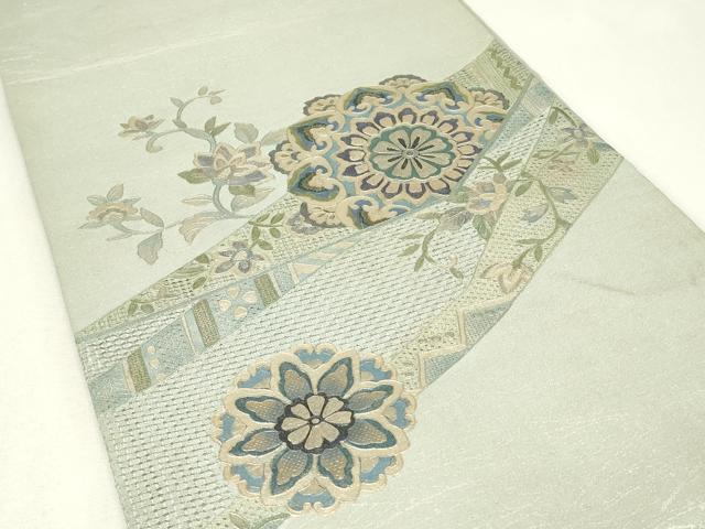 平和屋着物▼中国三大刺繍 スワトウ刺繍 汕頭刺繍 太鼓柄袋帯 正倉院花文 銀彩 正絹 逸品 DABJ1394az
