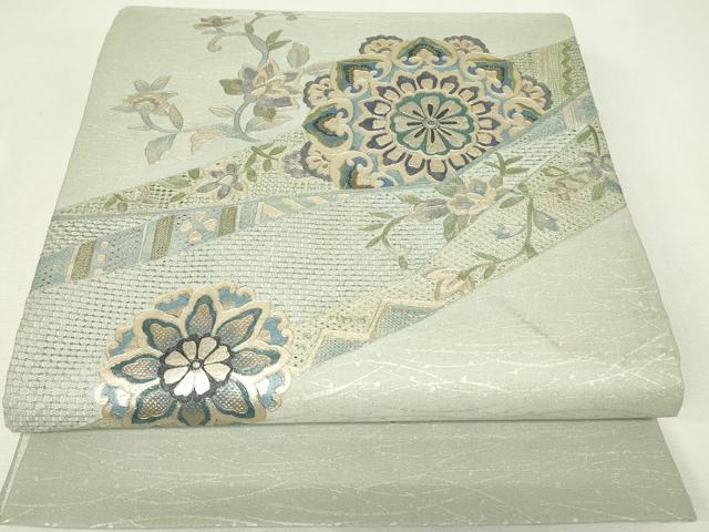 平和屋着物▼中国三大刺繍 スワトウ刺繍 汕頭刺繍 太鼓柄袋帯 正倉院花文 銀彩 正絹 逸品 DABJ1394az