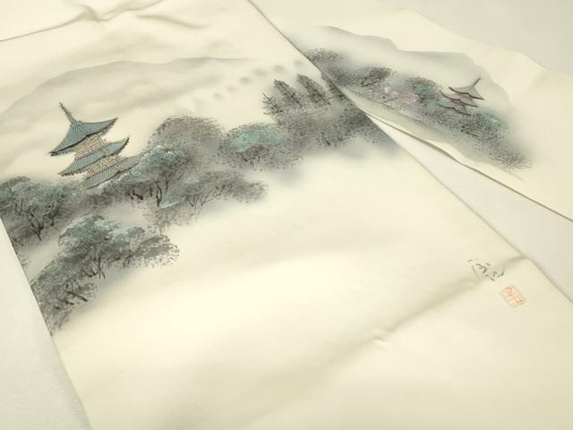 平和屋着物▼塩瀬 九寸名古屋帯 作家物 名所風景文 手描き 金彩 正絹 逸品 DABJ1423az