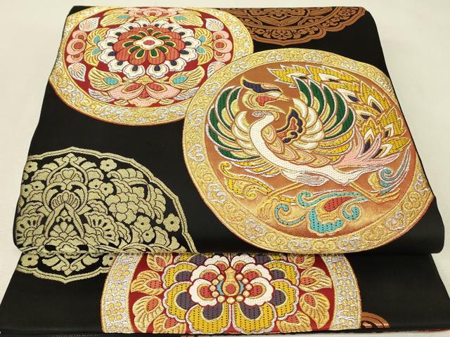 平和屋着物▼六通柄袋帯 正倉院鳳凰花文 黒地 金銀糸 正絹 逸品 DABJ1444az