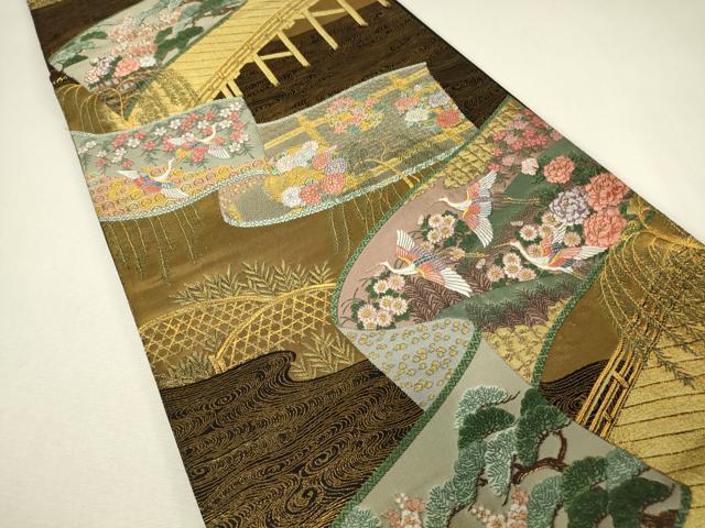 平和屋着物▼六通柄袋帯 綾細羅錦 飛鶴渡橋花文 金糸 正絹 逸品 DABJ1524az
