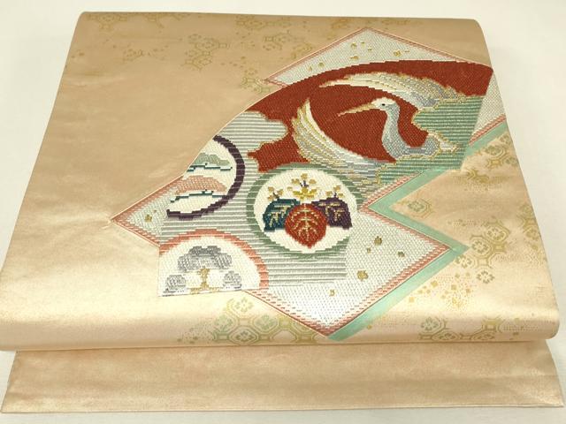平和屋着物▼絽刺し 区限刺繍 太鼓柄袋帯 地紙飛鶴花文 金糸 引箔 正絹 逸品 DABJ1511az