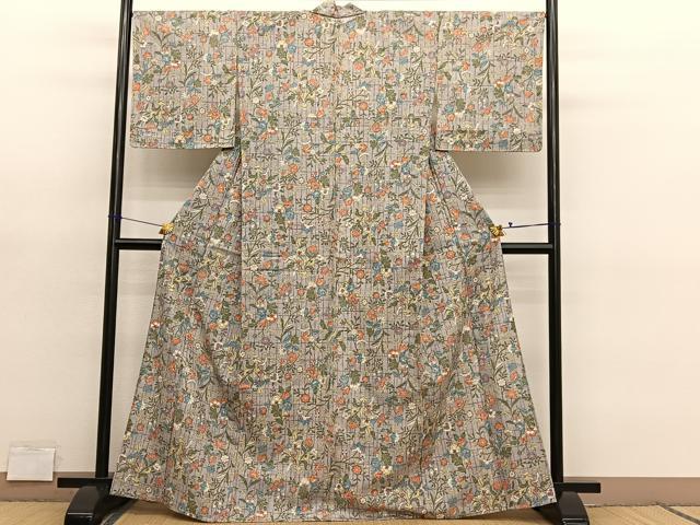 平和屋着物▽上質な小紋 単衣 紬地 枝花文 正絹 逸品 BAAY4512hv