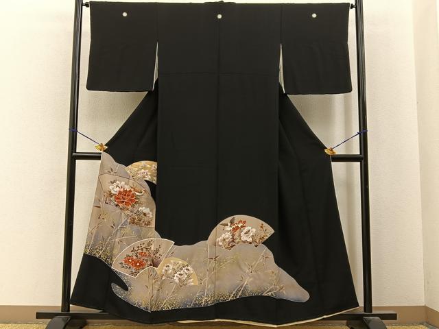 平和屋着物■豪華黒留袖 駒刺繍 地紙花鳥文 金彩 正絹 逸品 BAAY6598hj