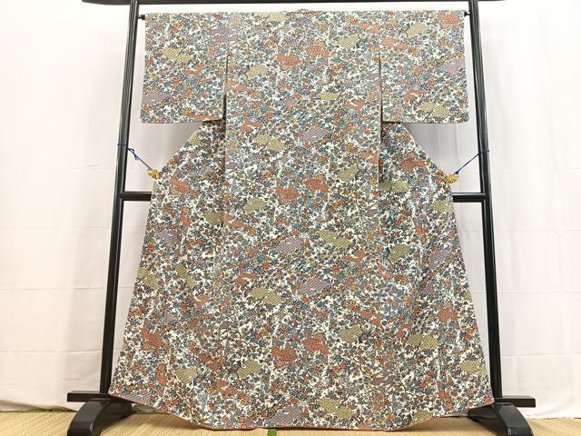 平和屋着物■上質な小紋 型染め 切嵌花鳥文 正絹 逸品 BAAY5577yc