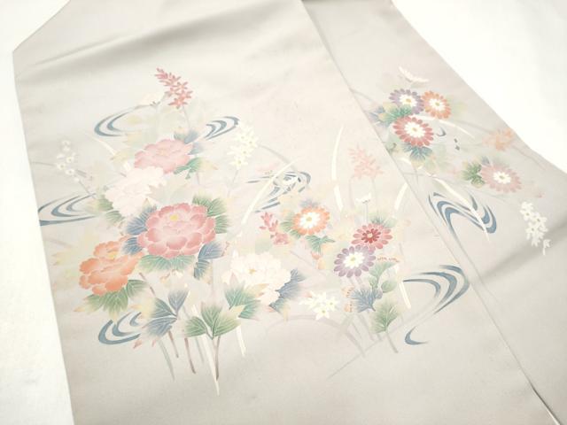 平和屋着物●塩瀬 九寸名古屋帯 友禅 作家物 流水草花文 正絹 逸品 CABL5076hy