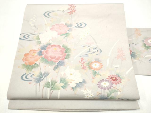 平和屋着物●塩瀬 九寸名古屋帯 友禅 作家物 流水草花文 正絹 逸品 CABL5076hy