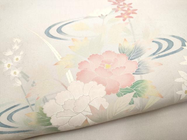 平和屋着物●塩瀬 九寸名古屋帯 友禅 作家物 流水草花文 正絹 逸品 CABL5076hy
