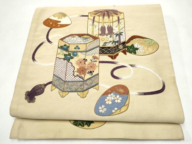 平和屋着物●アンティーク 大正ロマン 丸帯 総刺繍 綴れ 貝桶花文 正絹 逸品 CABL5115hy