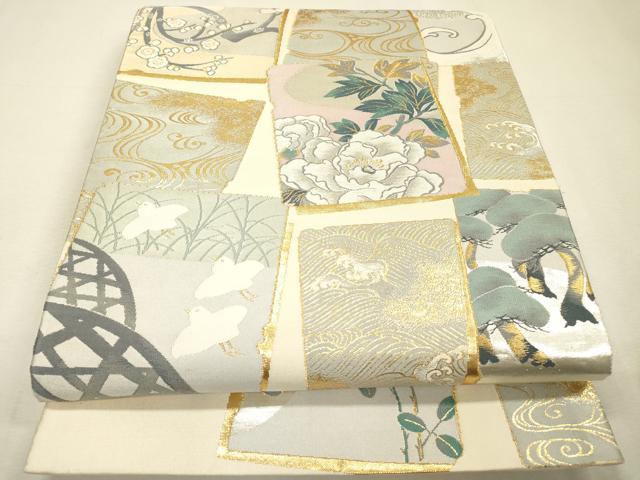 平和屋着物▼六通柄袋帯 紹伝 色紙花鳥文 金銀糸 正絹 逸品 DABI7920fe