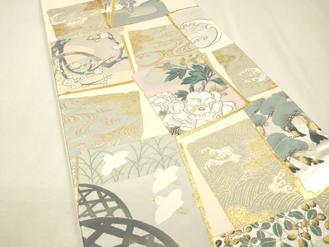 平和屋着物▼六通柄袋帯 紹伝 色紙花鳥文 金銀糸 正絹 逸品 DABI7920fe
