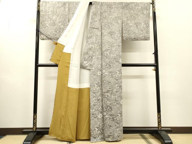 平和屋着物▼上質なお召 天目織 辻が花 切嵌吉祥花文 正絹 逸品 DABJ7019fe
