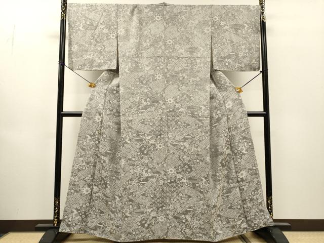 平和屋着物▼上質なお召 天目織 辻が花 切嵌吉祥花文 正絹 逸品 DABJ7019fe