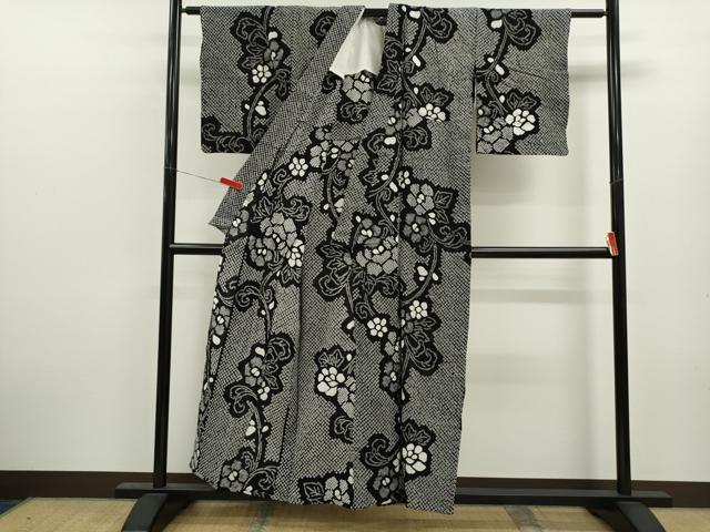 平和屋着物∴夏物 浴衣 有松鳴海絞り 花唐草文 黒地 綿 逸品 CABL8039ze