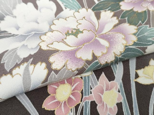 平和屋本店●極上 訪問着 刺繍 吉祥花文 黒橡色地 暈し染め 金彩 逸品 DZAC0546kh6