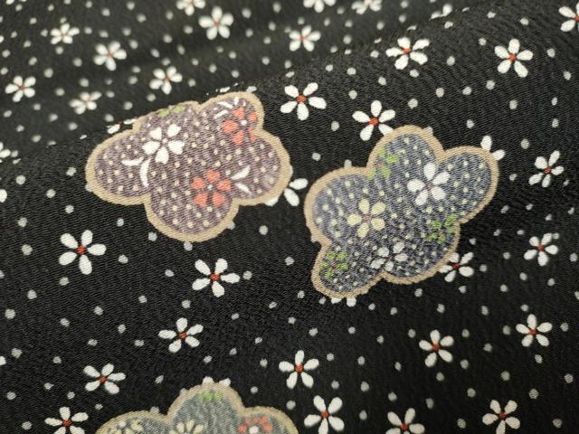 平和屋着物▽小紋 単衣 舞花文 黒地 洗える着物 DABJ4500cd