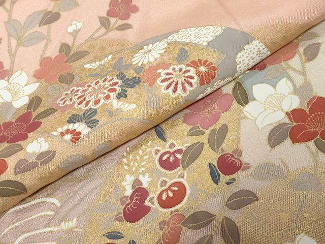 平和屋着物●訪問着 地紙重ね草花文 暈し染め 金彩 ロング丈 正絹 逸品 DABI9882ud