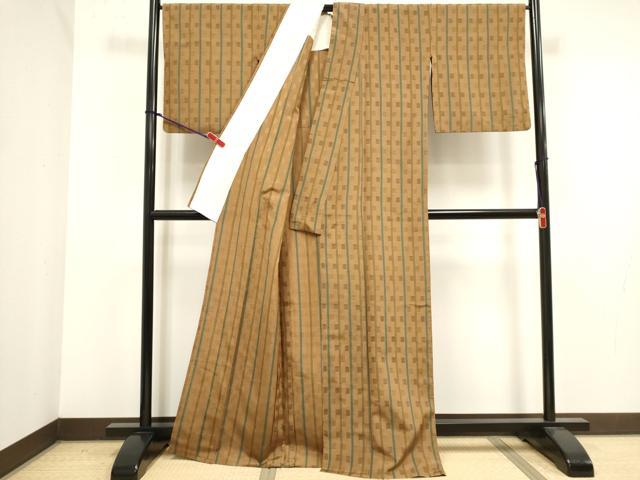平和屋着物▽上質な紬 単衣 花織 格子間道 正絹 逸品 DABK1043cd