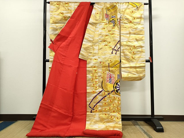 平和屋本店●色打掛 お引きずり 和装 婚礼 結婚式 花嫁 神社挙式 駒刺繍 御所車菊文 金糸 逸品 CABL8092ze