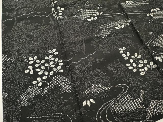 平和屋着物▽小紋 単衣 流水風景文 黒地 洗える着物 DABK1071cd