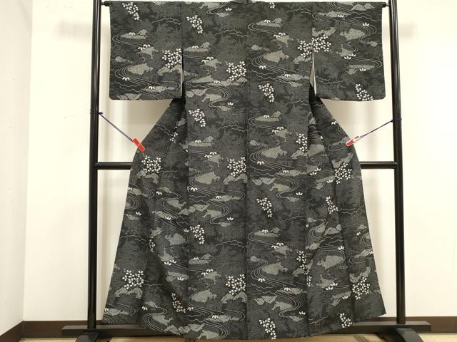 平和屋着物▽小紋 単衣 流水風景文 黒地 洗える着物 DABK1071cd