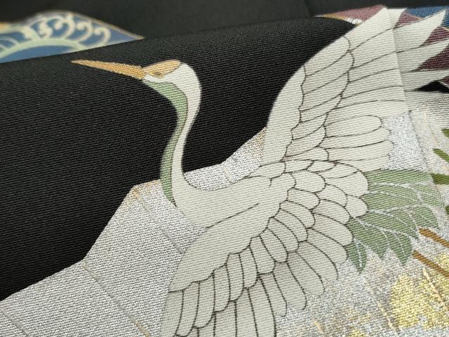 平和屋着物■豪華黒留袖 駒刺繍 扇面飛鶴花文 鴛鴦 牡丹 金銀彩 正絹 逸品 未使用 DABJ5514qa