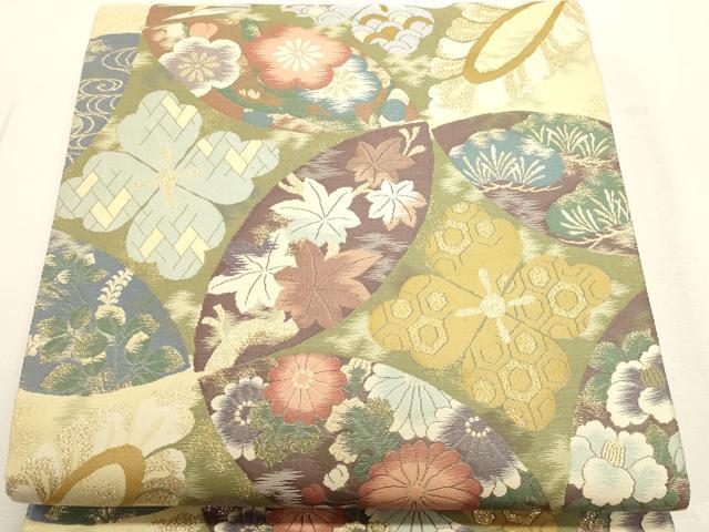 平和屋本店▼六通柄袋帯 紹巴 草花文 本金箔 正絹 逸品 DABJ6167sf