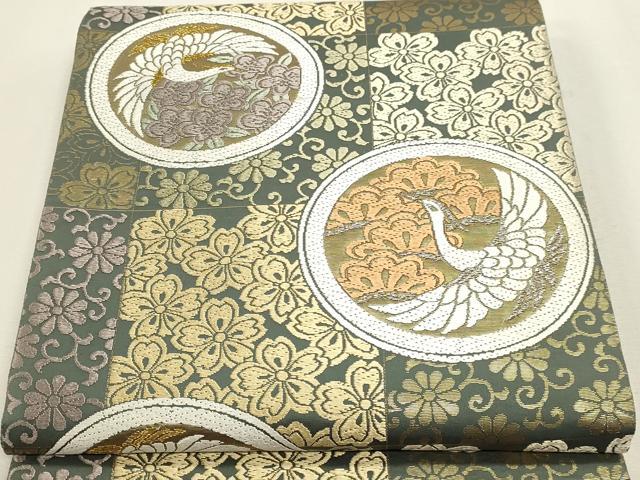 平和屋本店▼六通柄袋帯 唐織 飛鶴花丸文 プラチナ本金 正絹 逸品 DABJ6192sf