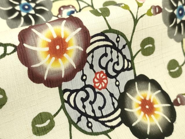 平和屋本店▽極上 本場琉球紅型 小紋 単衣 紬地 花蝶丸文 証紙付き 逸品 未使用 DZAB4179kh6