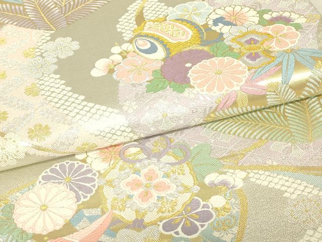 平和屋着物▼六通柄袋帯 宝尽くし吉祥花文 金銀糸 さが美扱い 正絹 逸品 DABJ1637az