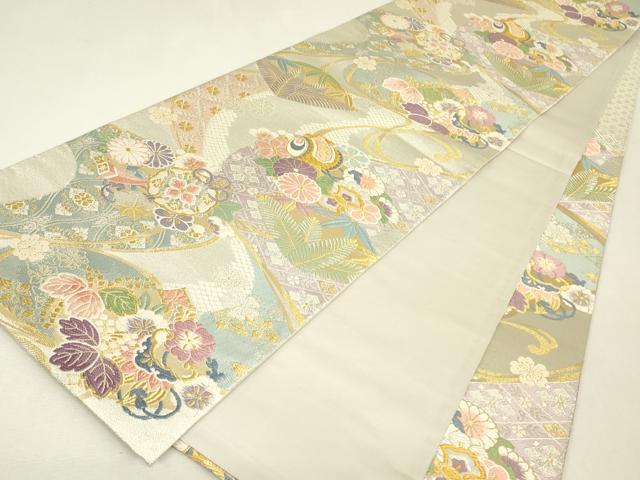平和屋着物▼六通柄袋帯 宝尽くし吉祥花文 金銀糸 さが美扱い 正絹 逸品 DABJ1637az
