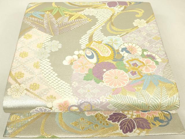 平和屋着物▼六通柄袋帯 宝尽くし吉祥花文 金銀糸 さが美扱い 正絹 逸品 DABJ1637az