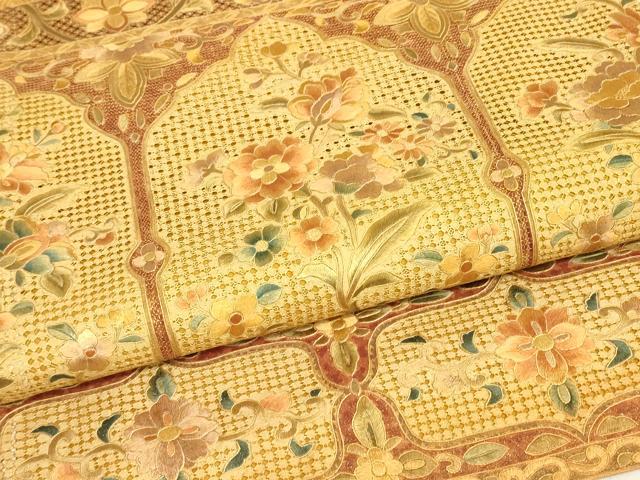 平和屋着物●中国三大刺繍 スワトウ刺繍 汕頭刺繍 総刺繍 太鼓柄袋帯 紬地 草花文 正絹 逸品 DABJ1700az