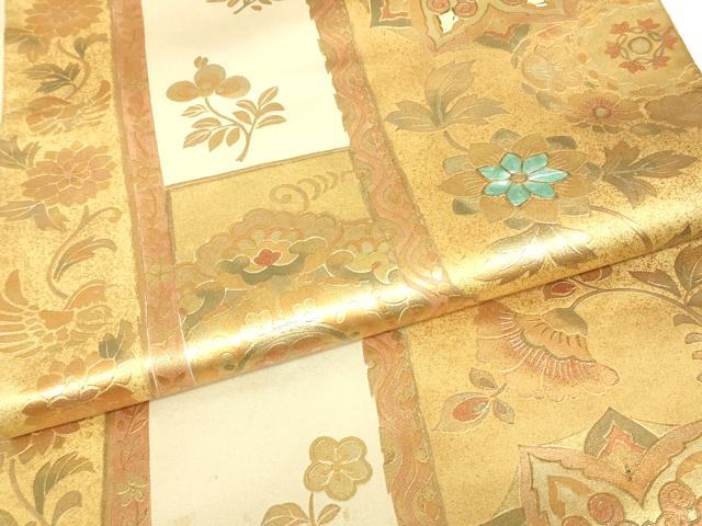 平和屋着物▼太鼓柄袋帯 螺鈿 正倉院更紗花鳥文 金彩 正絹 逸品 DABJ1746az