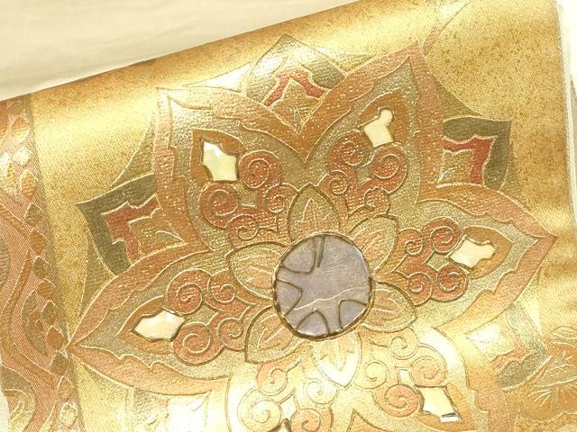 平和屋着物▼太鼓柄袋帯 螺鈿 正倉院更紗花鳥文 金彩 正絹 逸品 DABJ1746az