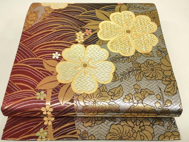 平和屋着物▼六通柄袋帯 流水舞桜文 金糸 正絹 逸品 DABJ1766az