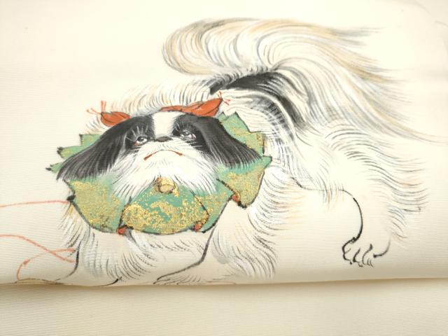 平和屋着物●塩瀬 九寸名古屋帯 作家物 手描き 犬 正絹 逸品 CABL9999hy