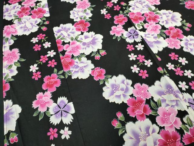 平和屋着物∴夏物 浴衣 舞桜文 黒地 綿 逸品 DABK1113cd