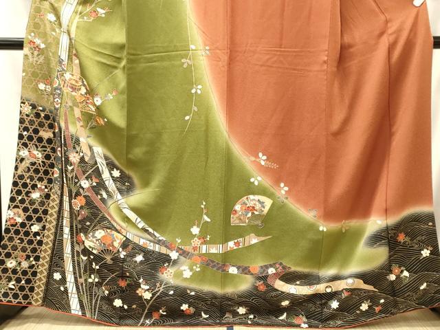 平和屋着物■訪問着 駒刺繍 流水扇面花文 暈し染め 金彩 正絹 逸品 CABM0890oy