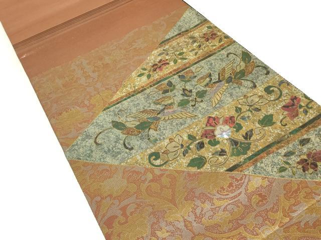 平和屋着物▼太鼓柄袋帯 螺鈿箔 向かい鳥更紗花文 金彩 正絹 逸品 DABJ1811az