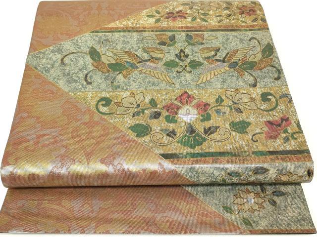 平和屋着物▼太鼓柄袋帯 螺鈿箔 向かい鳥更紗花文 金彩 正絹 逸品 DABJ1811az