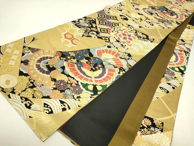 平和屋着物▼両面 六通柄袋帯 正倉院舞蝶花文 金糸 正絹 逸品 DABJ1893az