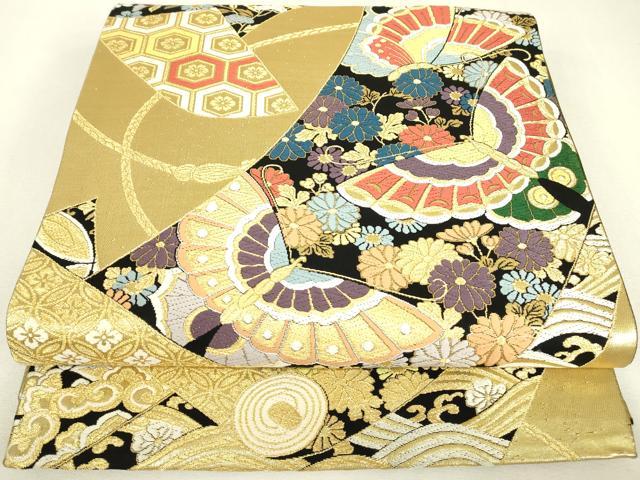 平和屋着物▼両面 六通柄袋帯 正倉院舞蝶花文 金糸 正絹 逸品 DABJ1893az