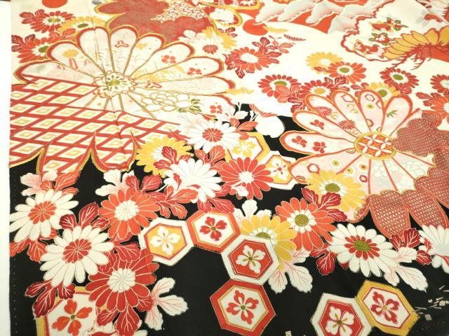 平和屋本店●アンティーク 大正ロマン 振袖 駒刺繍 吉祥花文 金彩 正絹 逸品 DABJ8229ps