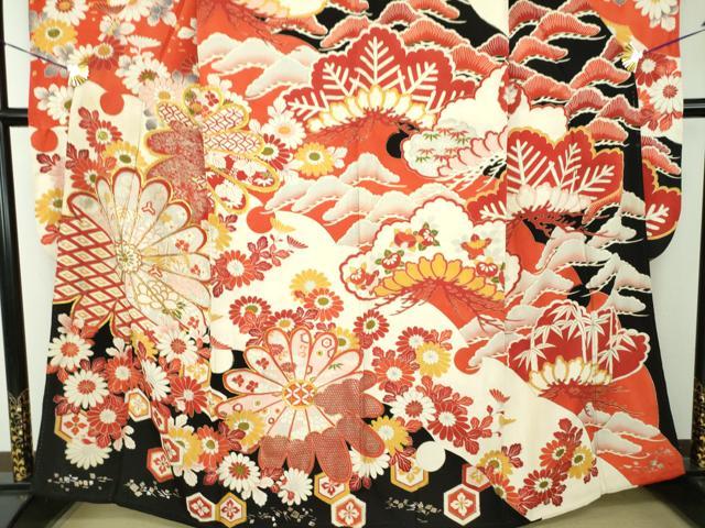 平和屋本店●アンティーク 大正ロマン 振袖 駒刺繍 吉祥花文 金彩 正絹 逸品 DABJ8229ps
