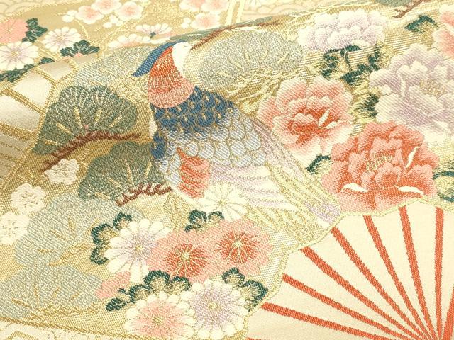 平和屋本店▼六通柄袋帯 扇面花鳥文 本金箔 正絹 逸品 DABJ6263sf